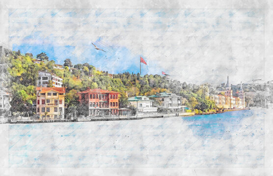 Istanbul Bosphorus View And Kuleli Military High School, Watercolor Artwork