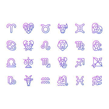 Zodiac signs pixel perfect gradient linear vector big icons set. Astrological elements and their meaning. Thin line contour symbol designs bundle. Isolated outline illustrations collection