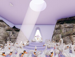 3D render of a pedestal surrounded by swans and a light beam from a hole in the ceiling © Jelena Stocklover/Wirestock Creators