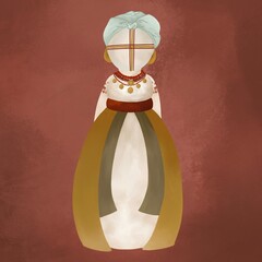 Ukrainian national ancient amulet. Doll Motanka in a white dress and a scarf against the red background. Historical attributes are national. Ancient amulet. Historical attributes are national.