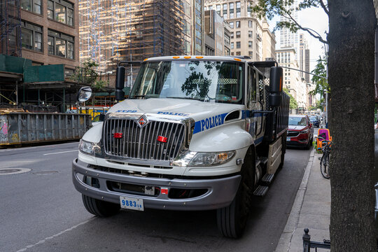 New York, United States of America - September 20, 2019: Front view of a police truck in the streets of Manhattan