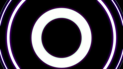 Glowing neon white and lilac circle frames moving backwards in the endless tunnel on black background. Design. Round narrow lines endless movement.