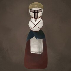 Ukrainian national doll named Motanka. A braided scarf on the head. In a red traditional embroidered dress. Draw in digital art national style. Ancient amulet. Historical attributes are national