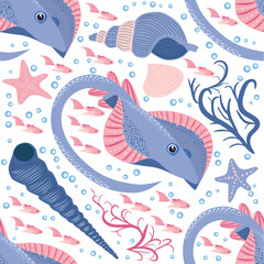 Batomorphi sea life, fish, animals bright seamless pattern. sea travel, snorkeling with animals, tropical fish