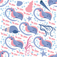 Batomorphi sea life, fish, animals bright seamless pattern. sea travel, snorkeling with animals, tropical fish