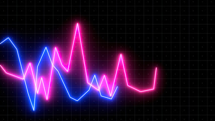 Neon abstract charts with changing values of check points on a dark background. Motion. Animation with up and down moving blue and pink neon lines.