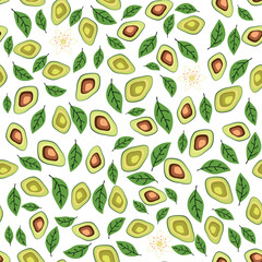 Avocado seamless pattern. Whole and sliced avocado with leaves and flowers.