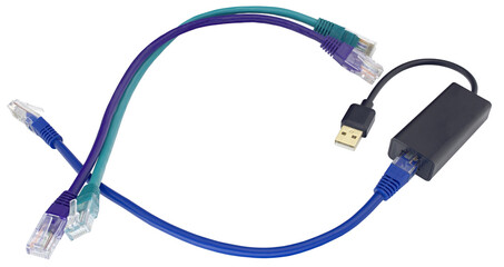 USB network adapter with LAN wire on white