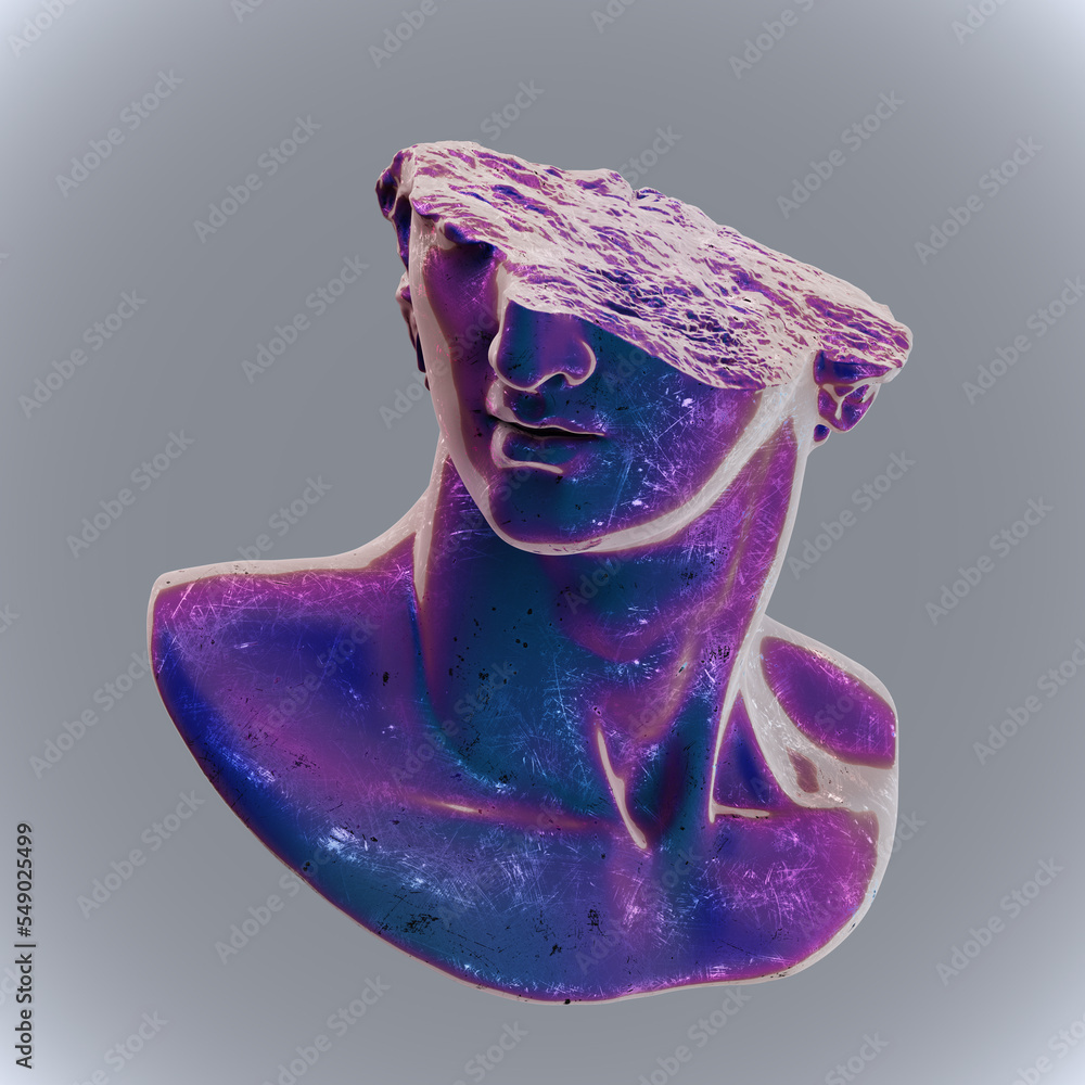 Poster abstract illustration from 3d rendering of a broken fragment of head sculpture in classical style ma