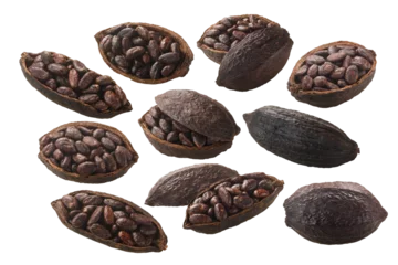 Schilderijen op glas Halved and whole cocoa pods with whole fermented cacao beans (Theobroma cacao fruit w seeds) isolated png © maxsol7