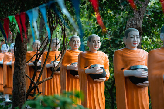 Statues of Monks With Alms Bowls, Phnom Sambok Pagoda, Cambodia