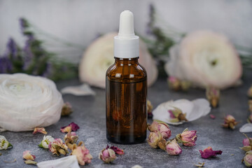   Natural, homemade face serum or face oil in amber glass dropper botte on grey marble background with wild roses.  