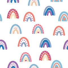 Rainbow seamless pattern in pastel colors. Scandinavian baby hand drawn illustration for textiles and newborn clothes.