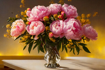A beautiful bouquet of peonies on a dark background.