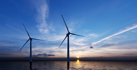 Closeup Wind power station. Wind generators stand in ocean. Wonderful landscape shot from a great height. Modern green energy. Aerial view. 3d rendering.