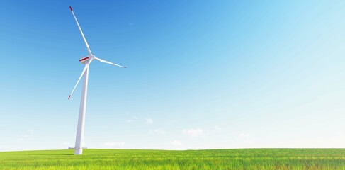 Fototapeta premium Panoramic view of wind farm or wind park, with high wind turbines for generation electricity with copy space. green energy concept. Windmills in the on a beautiful bright day. 3d rendering.