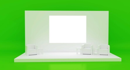 Empty stage design for mockup and corporate identity, display. Platform elements in hall. Blank screen system for graphic Resources. Scene event led night light staging. 3d rendering for online.