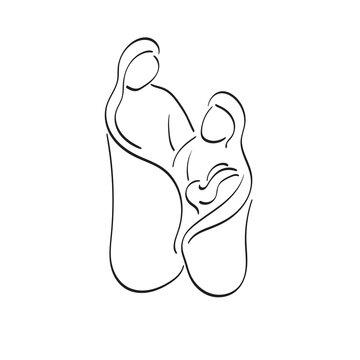 recommend clip art: line art Joseph Marry and baby jesus in nativity story illustration vector hand drawn isolated on white background