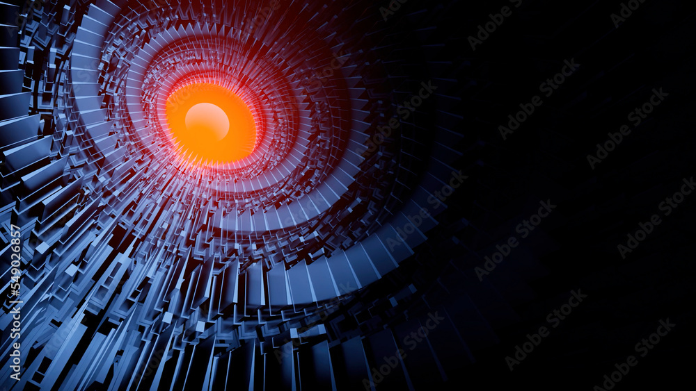Poster ufo spaceship hovering in the sky. design. rotating turbines of an alien space craft with an energy 