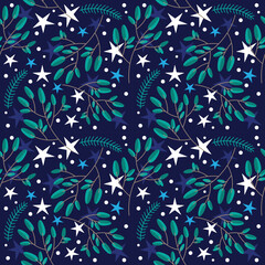 Winter Seamless Vector Floral Pattern with Green Branches, Leaves and Stars on a dark Blue Background.