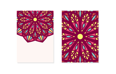 floral pattern mandala card with empty space vector illustration. Half empty mandalas holiday cards. Oriental design Layout. Islam, Arabic, Indian, ottoman motifs. Front page and back page.