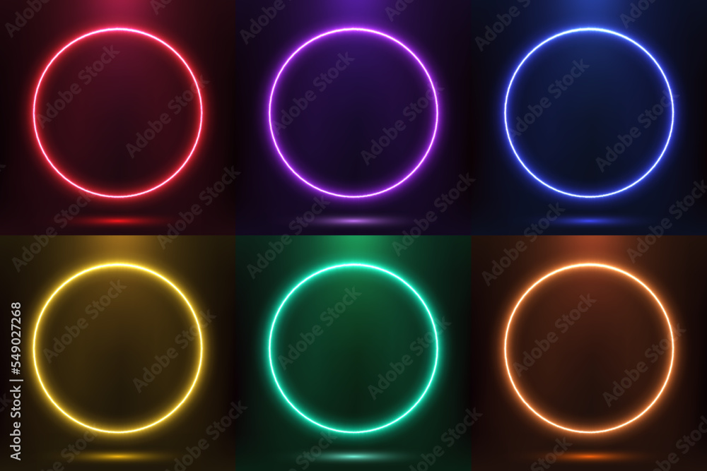 Poster set of glowing neon color circles round shape with lighting effect isolated on black background tech
