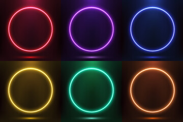 Set of glowing neon color circles round shape with lighting effect isolated on black background technology concept - 549027268
