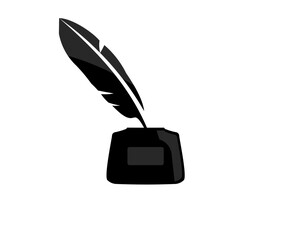 Feather quill pen and glass inkwell logo design. Pen and ink bottle vector symbol sign, flat icon. Feather and ink bottle icon vector design and illustration.