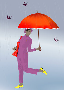 Dame onder paraplu in de regen met vogels, Lady under umbrella in the rain with birds