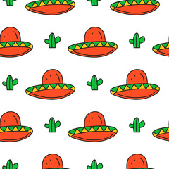 Seamless pattern with sombrero hats and cactuses.
