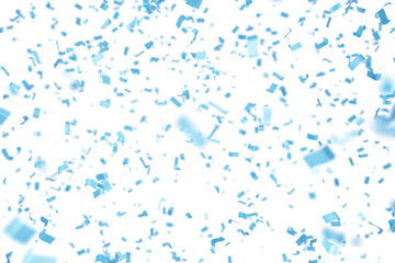 Pale blue ribbons on white background, 3d rendering. Blue confetti for festive and holiday backdrop for baby shower or baby reveal party - obrazy, fototapety, plakaty