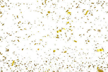 Golden ribbons, festive glitter on white background, 3d rendering. Digital illustration of gold confetti on transparrent backdrop