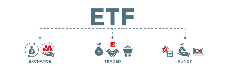 ETF Exchange Traded Funds banner web illustration of Stock Market Investment with money, cash flow, trading, transaction, bank, accounting, and growth icons