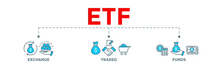 ETF Exchange Traded Funds banner web illustration of Stock Market Investment with money, cash flow, trading, transaction, bank, accounting, and growth icons