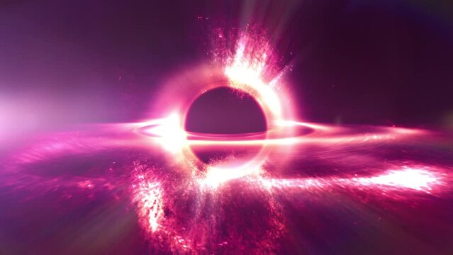 Artistic interstellar supermassive Black Hole in outer space. Astronomy concept 3D animation loop. Orbiting mystery particles and wormhole accretion disk warping the event horizon of time and gravity.