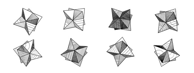 Crystals. Geometric art. Collection of various textured volumetric polyhedrons. Metageometry. Design elements for poster, cover, flyer. 