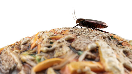 Cockroach insect standing on the food with side view close up 3d rendering.Alpha path with PNG...