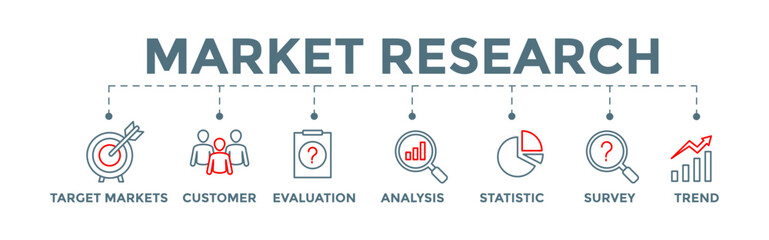 Market research banner web concept illustration  with target markets, customer, evaluation, analysis, statistics, survey and trend icons