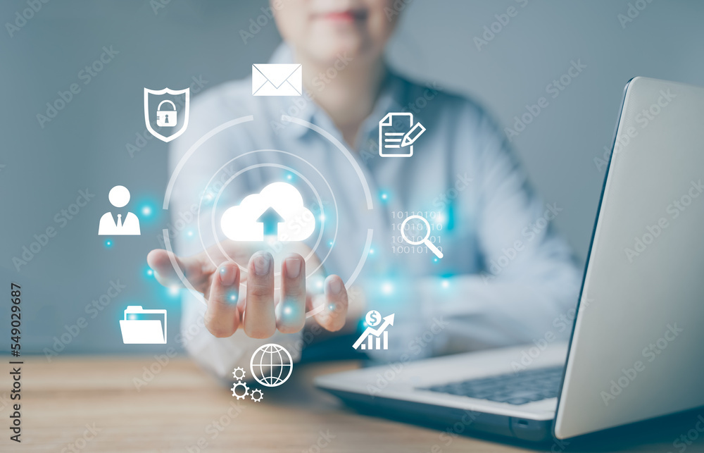 Poster woman use laptop with cloud computing diagram show on hand. cloud technology. data storage. networki
