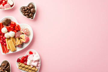 Obraz na płótnie Canvas Valentine's Day concept. Top view photo of heart shaped saucers with sweets candies on isolated pastel pink background with copyspace