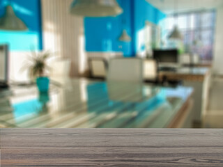The empty table wooden board in front of the background is blurred. Brown wood perspective in the office - can be used to display or montage your products. Mock up for product display.