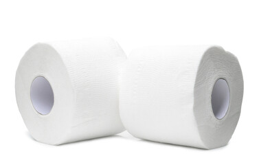 two rolls of white tissue paper or napkin for use in toilet or restroom isolated on white background with clipping path