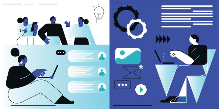 Business Marketing illustrations. Collection of scenes with men and women taking part in business activities. Team man and woman talk, discussion together. Vector modern flat illustration. 