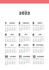 2023年のシンプルな年間カレンダー - 月曜始まり･12ヶ月･1年分の暦 - A4比率･縦

