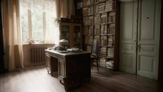 An old study with a large wooden table and a library with books. Vintage interior with shelves full of vintage books. Bookcases full of books. Sunny summer day with rays from the window