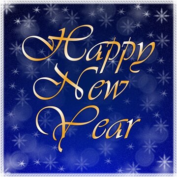 Happy new year beautiful lettering on square blue card with snowflakes and bokeh, christmas greeting card