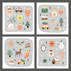 Set of cute postcards with Christmas and winter icons.