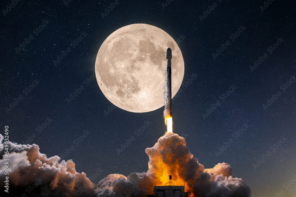 Wall mural space rocket with a blast and puffs of smoke lift off successfully into space with stars and a full 