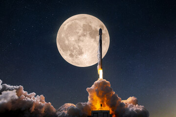 Space rocket with a blast and puffs of smoke lift off successfully into space with stars and a full moon. Successful spacecraft launch. Start of the mission to the moon - obrazy, fototapety, plakaty