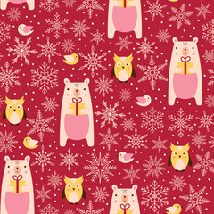 Christmas background with teddy bears, snowflakes and birds